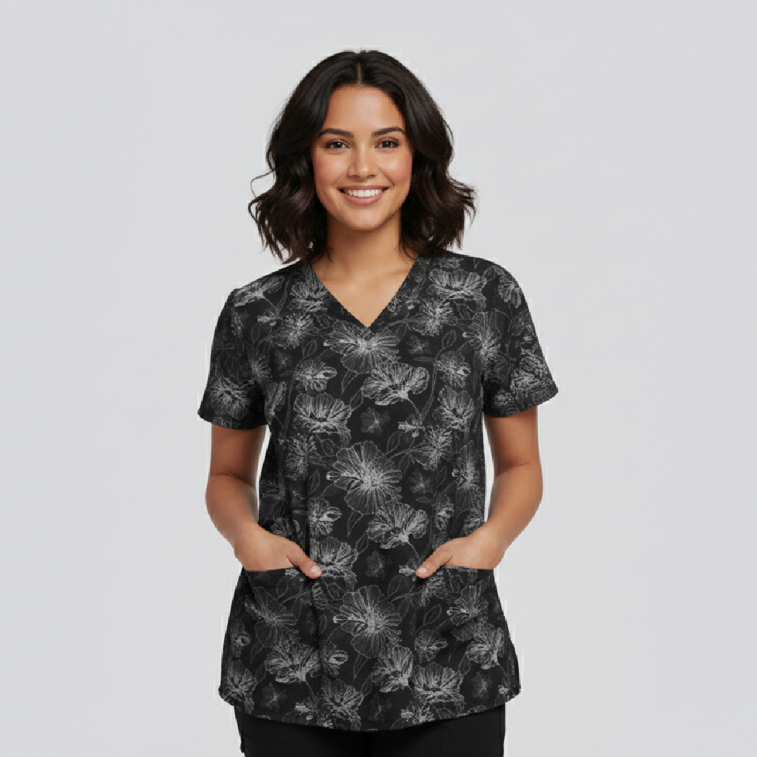 v neck scrub top – black flower print v neck scrub top – black flower print