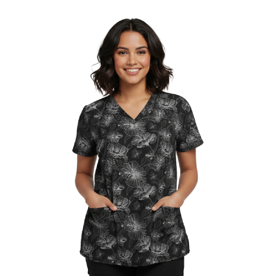 v neck scrub top – black flower print v neck scrub top – black flower print
