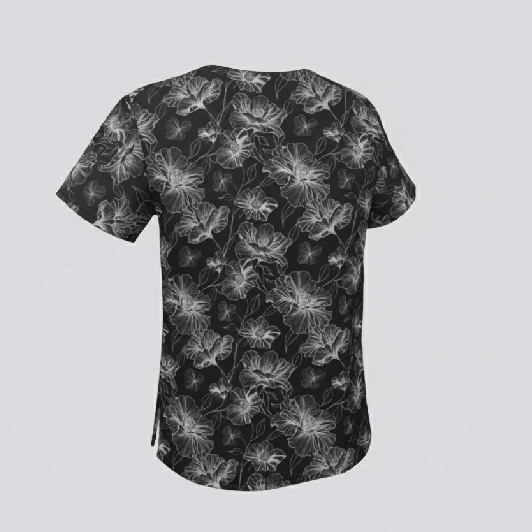 v neck scrub top – black flower print v neck scrub top – black flower print