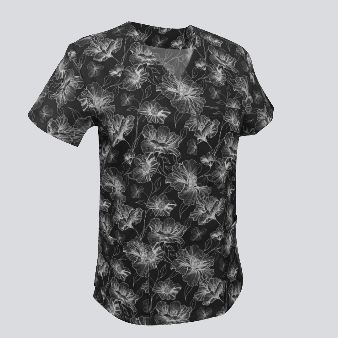 v neck scrub top – black flower print v neck scrub top – black flower print