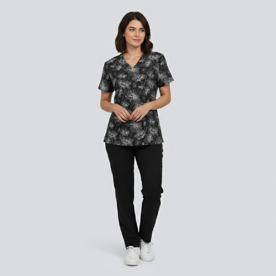 v neck scrub top – black flower print v neck scrub top – black flower print