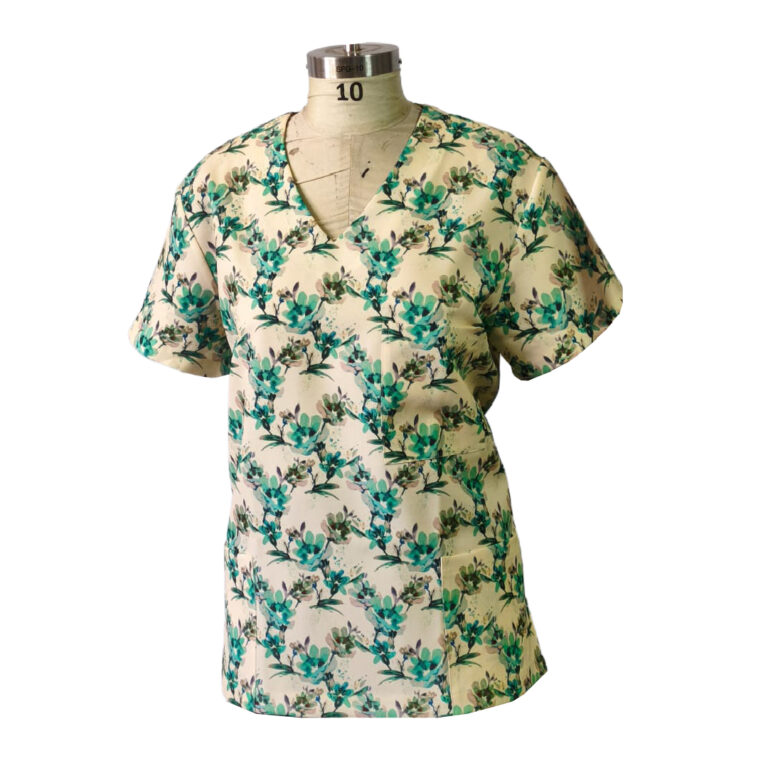 V-Neck Scrub Top Meadow Mist Print