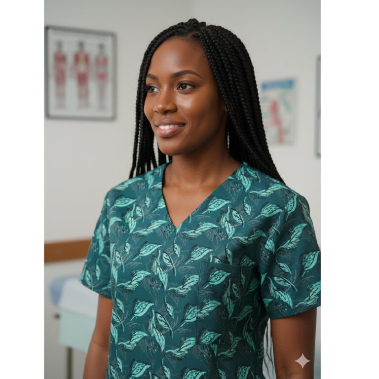 V-Neck Scrub Top Teal Leaves
