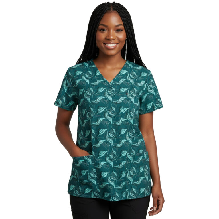 V-Neck Scrub Top Teal Leaves
